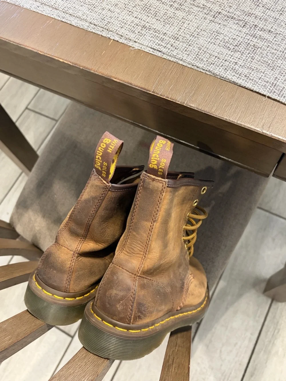 Dr MarBrown Leather Lace-Up Boots with Yellow Stitching